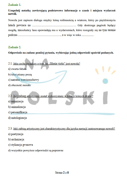 "Gloria victis" - sprawdzian ze znajomości lektury | Na Polski